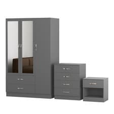 Image of 3 Piece Grey Bedroom Furniture Bedside Table Wardrobe Set Chest of Drawer