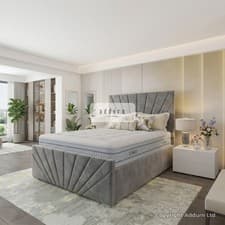 Image of Modern Upholstered Panel Bed Frame Tall Headboard Ottoman GasLift Storage Bed UK