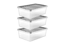 Image of 32L Underbed Storage Boxes Clear Plastic with Silver Lid Pack of 3 Stackable