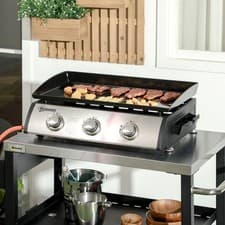 Image of Tabletop Gas Plancha Barbecue Grill with 3 Stainless Steel Burner and Lid