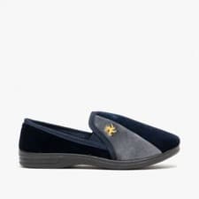 Image of Zedzzz Aaron MS480 Mens Navy Blue Velour Lion Motif Twin Gusset Full Slippers