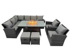 Image of Fimous High Back Rattan Corner Garden Furniture Gas Fire Pit Heater Dining Table
