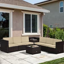 Image of 8Pcs Patio Rattan Seating Garden Furniture Set Table w/ Cushions 6 Seater