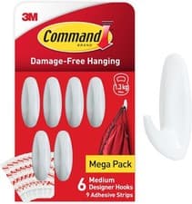 Image of Command Medium White 6 Pack 3M Damage Free Wall Hooks 1.3kg Hold