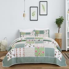 Image of 3 Piece Patchwork Quilted Bedspread Throw Bedding Pillowcases Double King Size
