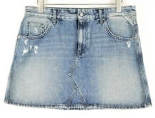 Image of REPLAY Women Skirt W32 Blue Pure Cotton Washed Distressed Denim Mini *
