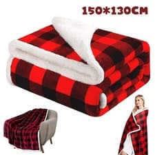 Image of Red Checked Sherpa Fleece Blanket Fluffy Throw Double 150x130cm Check Tartan