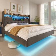 Image of King Size LED Upholstered Bed Frame with Storage Headboard, 5ft 150x200cm, Grey