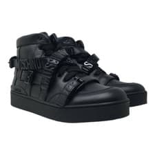 Image of MOSCHINO Logo Plaque Leather High Top Trainers - Black - UK 6/EU 39