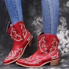 Image of Womens Short Wide Cowgirl Cowboy Ankle Boots Ladies Western Shoes Pointed Toe