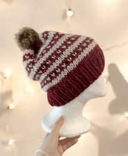 Image of Handknit Chunky Beanie With Faux Fur Pompom Christmas Fair Isle