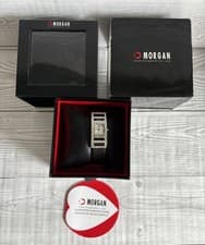 Image of Morgan Watch Crystal Bezel Black Leather Strap Silver Face With Box Y2K