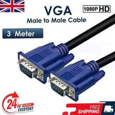 Image of 3m VGA Cable SVGA 15 Pin PC Computer Monitor LCD Extension Male to Male Lead UK