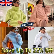 Image of New Women Chunky Knitted High Polo Roll Neck Jumper Ladies Baggy Oversized Top
