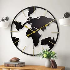 Image of Wall Clock World Map Design Convenient Hanging Clock for Bar Office Kitchen