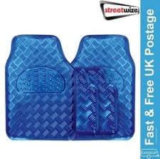 Image of Car Floor Mats Blue Metallic Shiny Checker Style Rubber Mat Set Vehicle