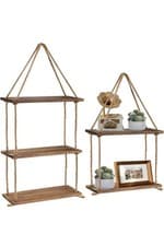 Image of Rustic Wooden Hanging Rope Shelf - Handmade Solid Natural Wood Floating Shelves