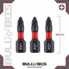 Image of 3 x 25mm PZ1 POZI No.1 Impact Screwdriver Driver Drill Bit Magnetic 1/4" 25mm