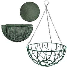 Image of Green Hanging Basket & Jute Liner | 12" 14" 16" 18" | Round Coated Metal Wire