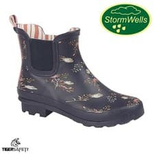 Image of Stormwells Ladies Navy Blue Floral Print Ankle Wellington Boots Short Wellies