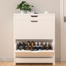 Image of Heavy-Duty White 2-Drawer Shoe Cabinet with Pull-Down Door Storage Organizer UK