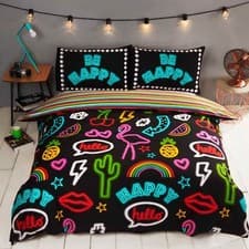 Image of BE HAPPY NEON DUVET COVER SET REVERSIBLE COLOURFUL STRIPES - SINGLE & DOUBLE