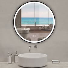 Image of Round LED Bathroom Mirror with 3 Color Lights, Dimming, Black Framed, fogless
