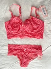 Image of Boux Avenue Strawberry Pink Rowena Longline Bra Size 36E + Knickers Size 8 NEW