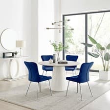 Image of Palma Beige Stone Effect Round Dining Table & 4 Nora Silver Leg Chairs