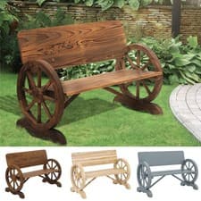 Image of Wood Outdoor Garden Bench with Wagon Wheel Armrest & High Back