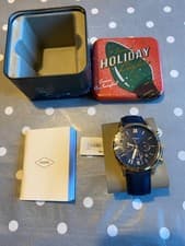 Image of Fossil Men Watch FS5790 Neutra Roman Chronograph Navy Leather Gold New RRP £139
