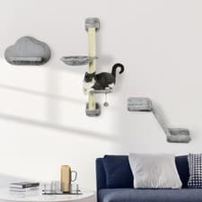 Image of 3-Piece Wall Mounted Cat Shelves with Hammock Ladder Scratching Post Grey
