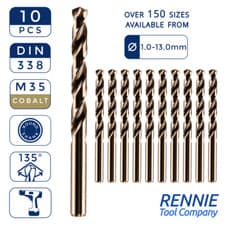 Image of Box Of 10 x HSS Gold Cobalt Jobber Drill Bit For Stainless & Hard Steels. Drills