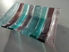 Image of Fused Glass soap dish aqua and purple handmade 26.1