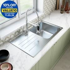 Image of Stainless Steel Single Bowl Kitchen Sink Square Left Hand Modern Drainer Wastes