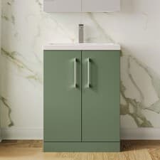 Image of Nuie Arno Compact Reed Green FS 2-Door Vanity Unit + Polymarble Basin - 600mm