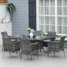 Image of 6 Seater Rattan Dining Set with Cushions Glass Top Table, Garden Furniture Set