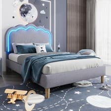 Image of Upholstered Bed Frame Grey Velvet 3ft Single Bed with Wood Slats & LED Headboard