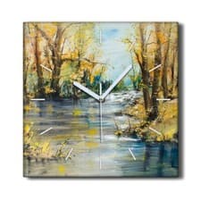 Image of Silent Wall Clock Canvas 30x30 Painting Abstract Forest Trees River Nature
