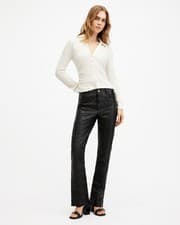 Image of AllSaints Women's Leather Trousers Black UK 16 Straight-Leg Button Fly