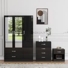 Image of 3 Piece High Gloss Bedroom Furniture Bedside Table Wardrobe Set Chest of Drawer
