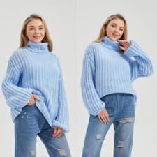 Image of Women Chunky Knitted High Polo Roll Neck Jumper Ladies Baggy Oversized Top Dress