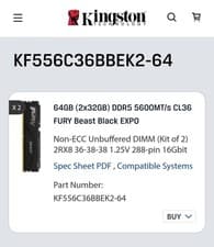 Image of Kingston FURY Beast Black DDR5 64GB (2x32GB) 5600MT/s CL36 KF556C36BBEK2-64