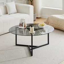 Image of Round Coffee Table Glass Top Study Metal Frame Living Room Furniture Black