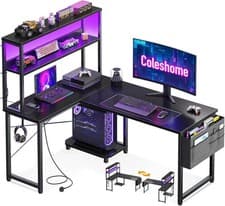Image of Coleshome L Shaped Gaming Desk with LED Lights & Power Outlet, 110 × 80 Cm Rever