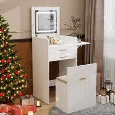 Image of Dressing Table Set with LED Mirror 2 Drawer Modern Vanity Makeup Desk Side Panel