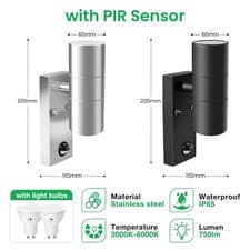Image of Led Up Down Wall Lights Stainless Steel PIR Motion Sensor Waterproof Outdoor