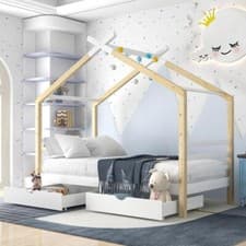 Image of 3FT Kids House Bed with Storage Drawers Solid Wood Teepee Frame Toddler Single B