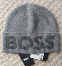 Image of Genuine HUGO BOSS Grey 10% Wool Logo BEANIE Hat 50475939