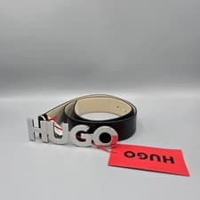 Image of HUGO Zula Women's Belt Spellout Logo Buckle Black Leather Size 75 New RRP £99